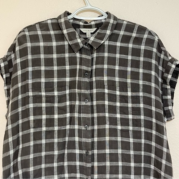 Lucky Brand Plaid Gray Button Front Short Sleeve Checkered Blouse - Picture 6 of 10
